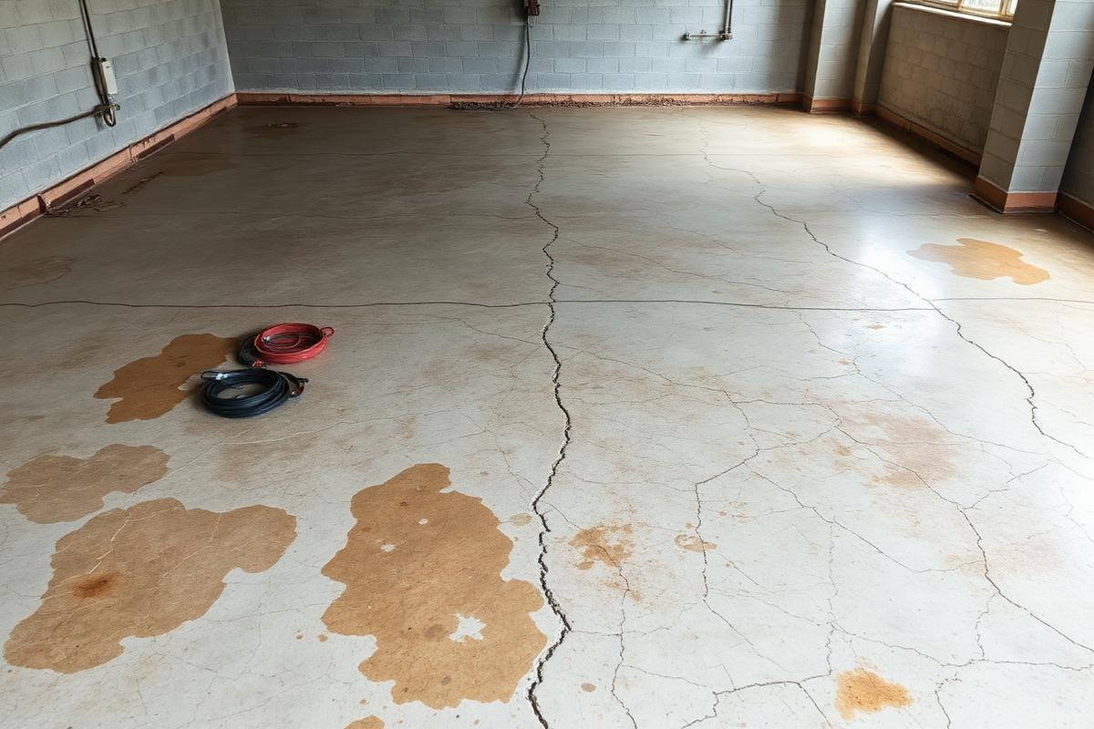 Stained and cracked bare concrete garage floor before coating in Wake Forest NC