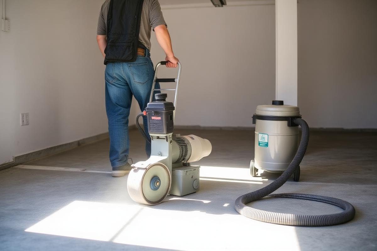 Contractor grinding garage concrete during surface preparation