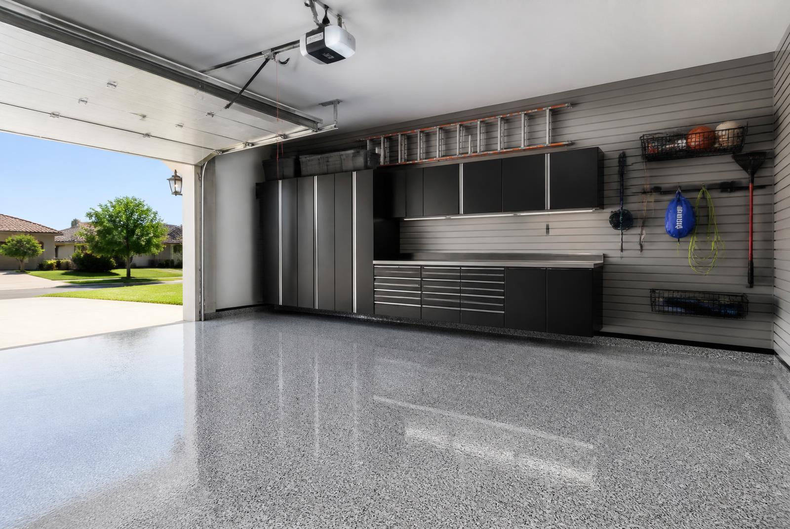Decorative flake garage floor coating in a Wake Forest NC garage