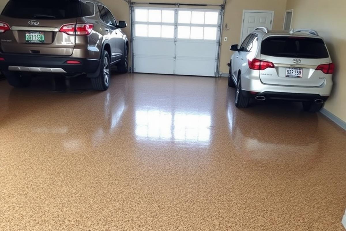 Two-car garage with decorative flake epoxy floor coating